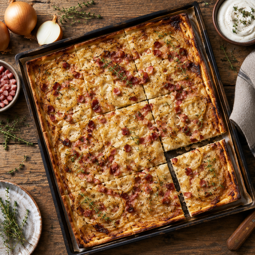 Schwäbischer Zwiebelkuchen mit Speck, klassisch vom Blech