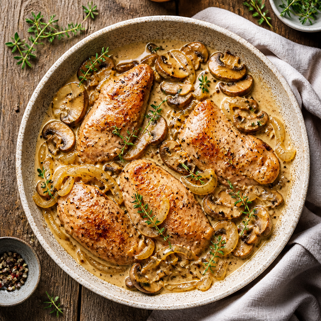Hähnchenbrust in cremiger Pilz-Zwiebel-Pfanne mit Senf und Thymian