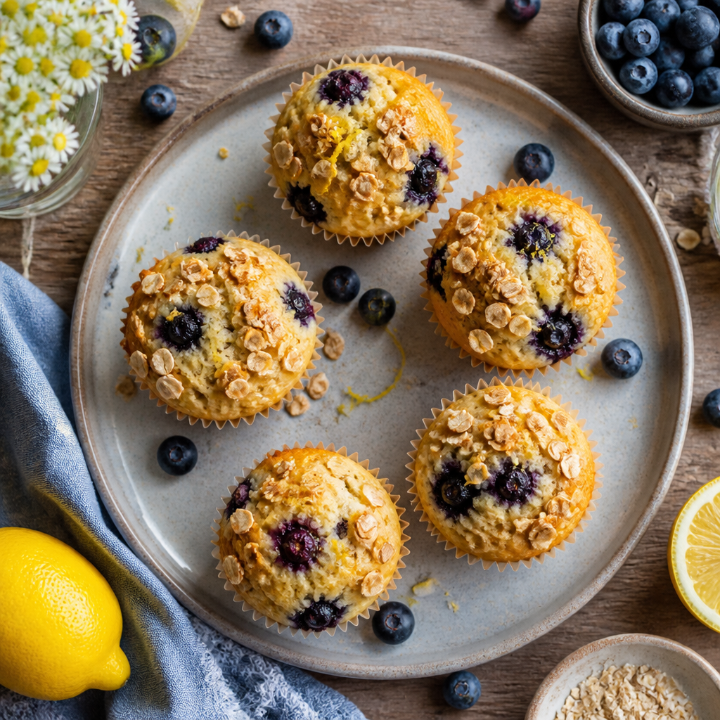 Saftige Zitronen-Joghurt-Muffins mit frischen Blaubeeren und Hafer-Zitronenkruste