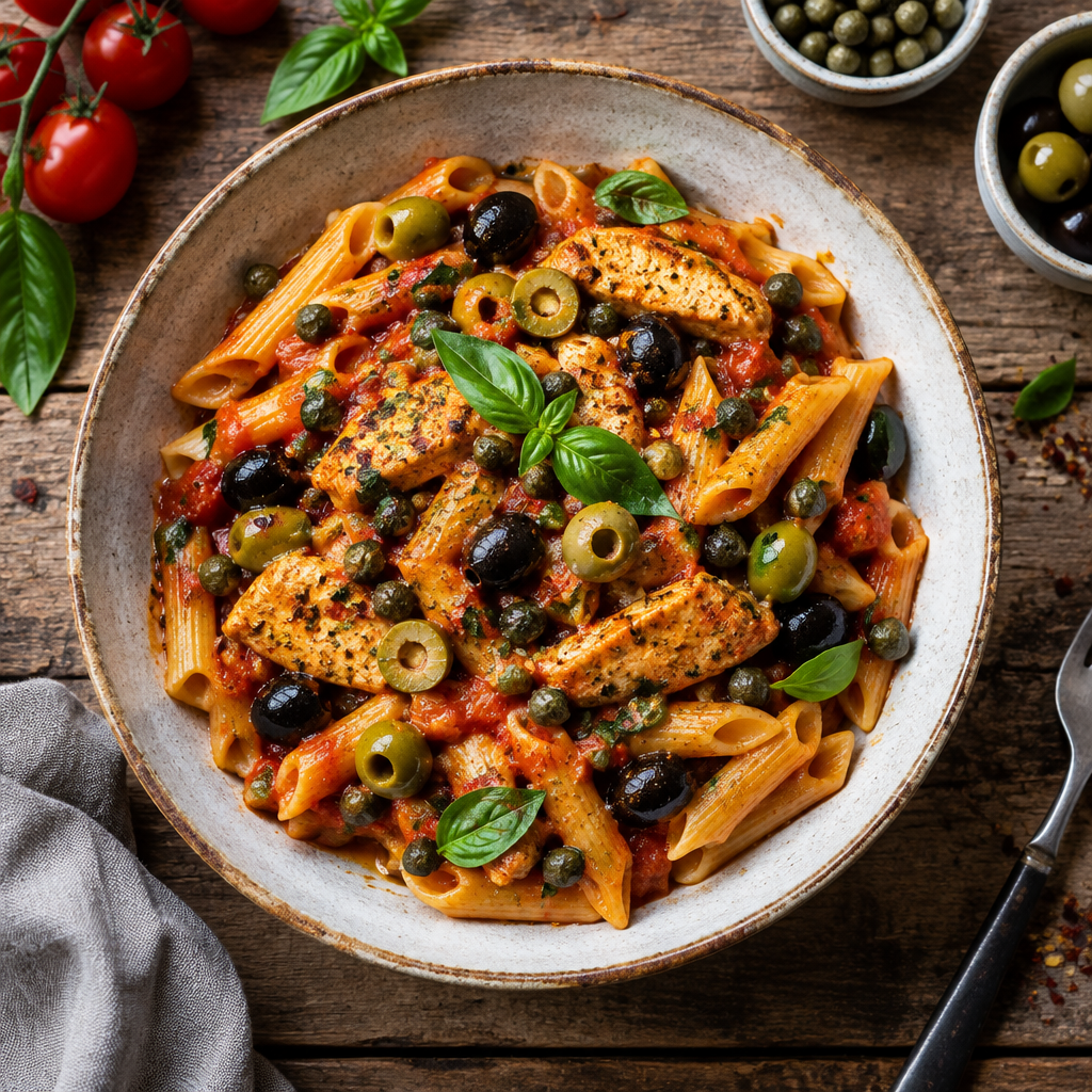 Scharfe Tomaten-Nudeln mit Soja-Hähnchen, Kapern und Olive