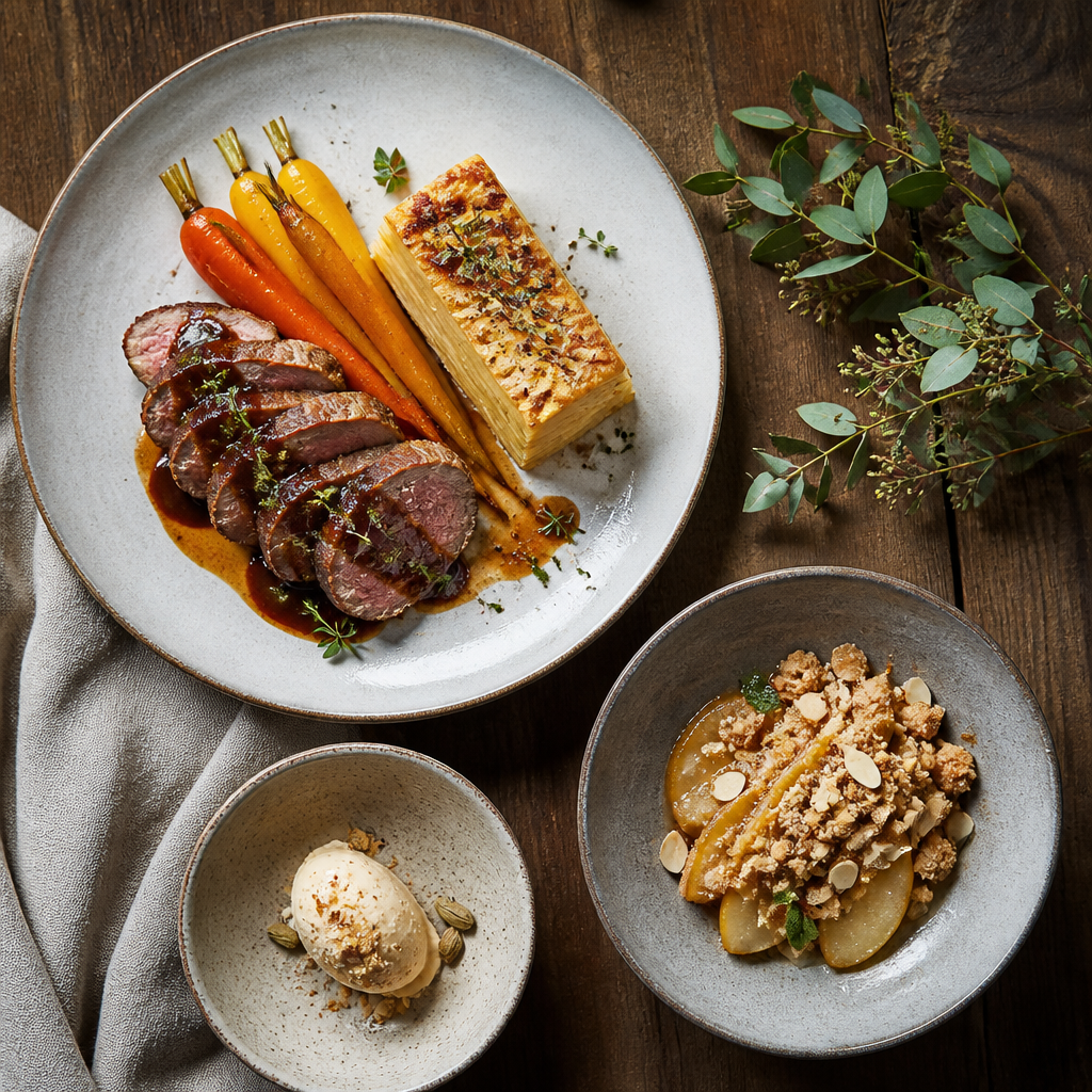 Dreigängemenü: Sous-vide-Rindernacken mit glasierten Karotten, knusprigem Kartoffel-Mille-feuille und Birnen-Kardamom-Crumble