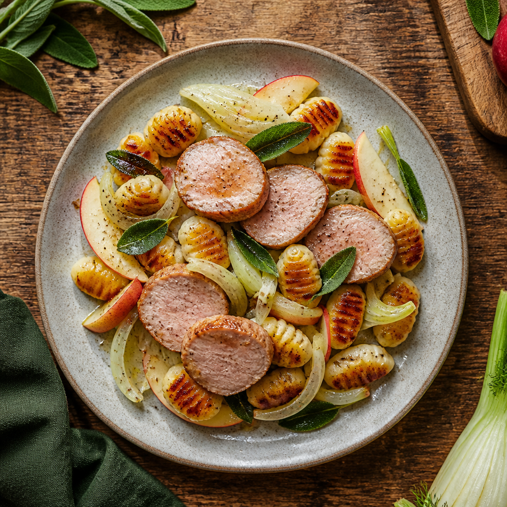 Gebratenes Schweinefilet mit knusprigen Gnocchi, Apfel, Fenchel und Salbei
