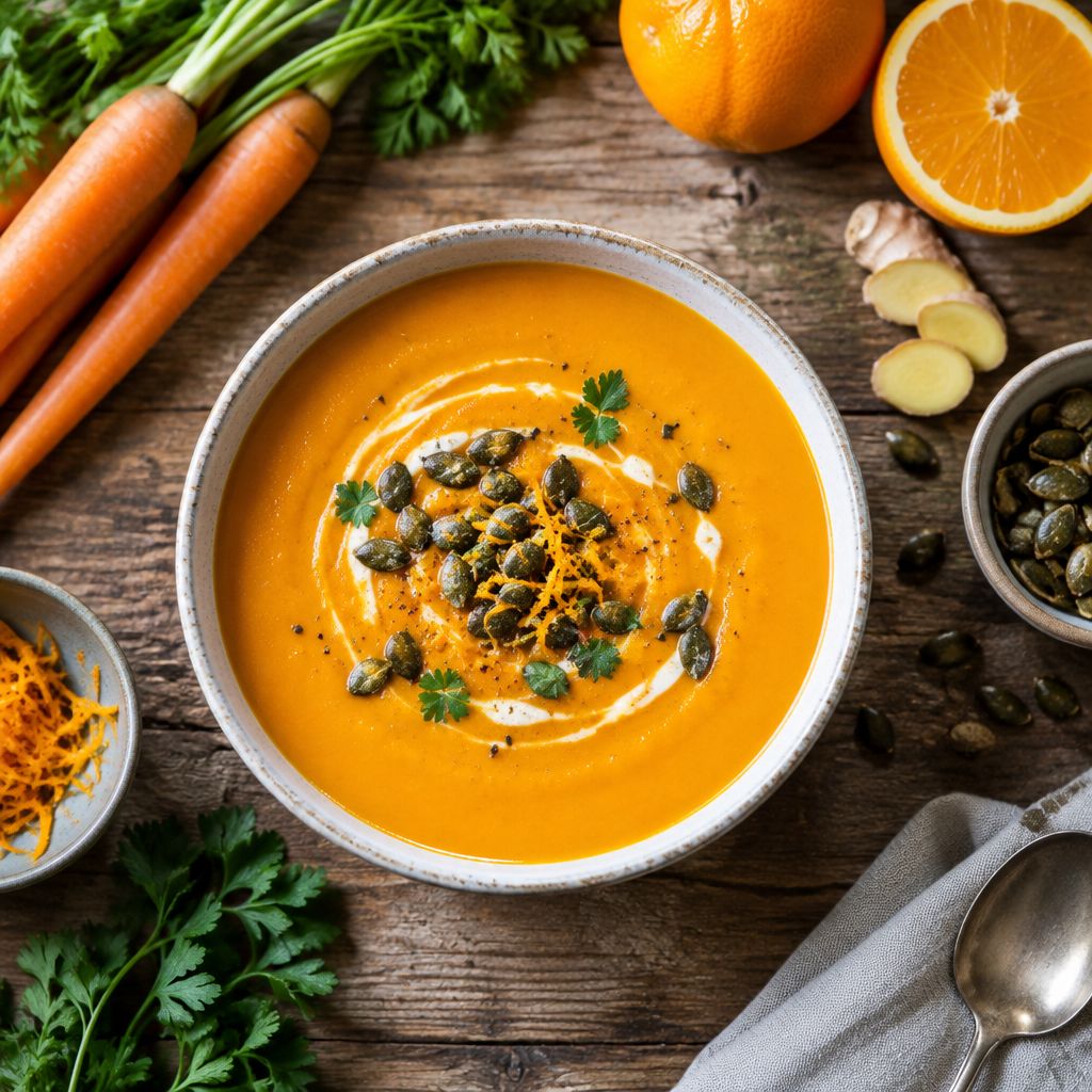 Samtige Karotten-Orangen-Suppe mit Ingwer und knusprigen Kürbiskernen