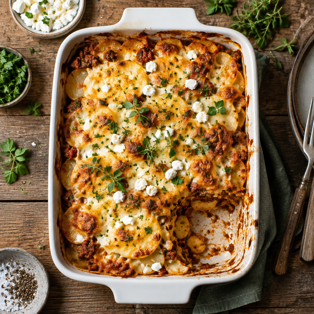 Goldbrauner Kartoffel-Bolognese-Auflauf mit Schafskäse und Käsekruste