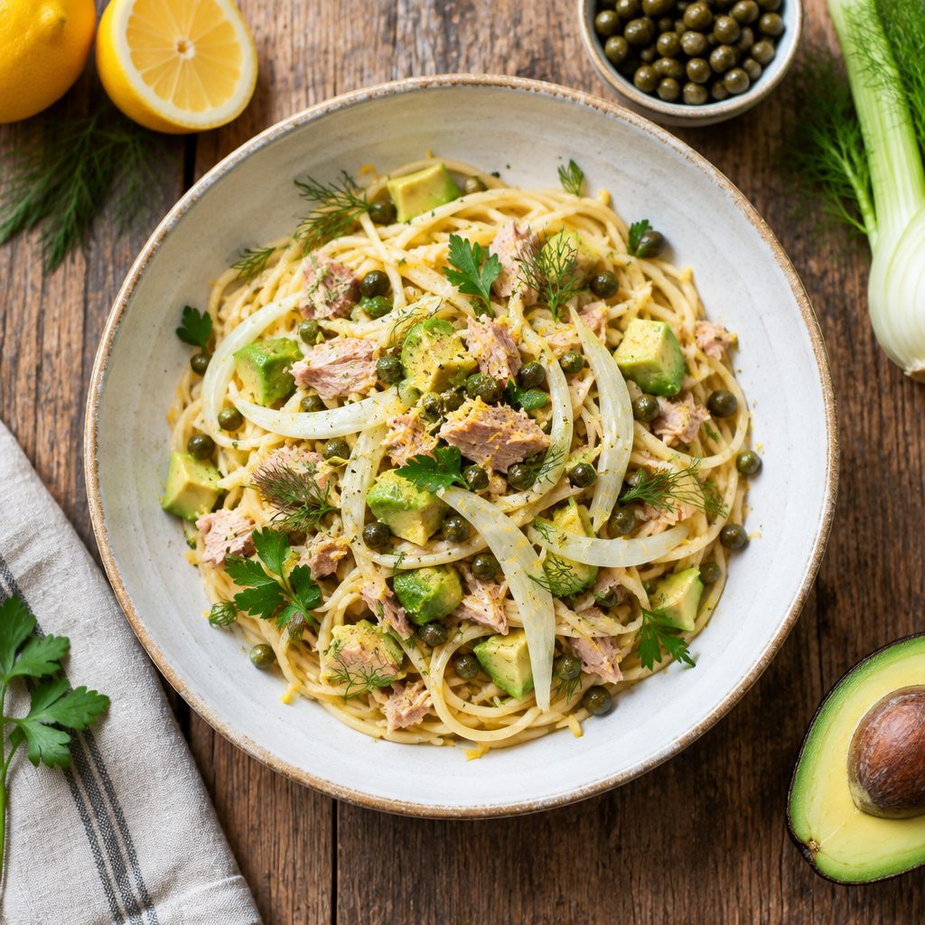 Zitronige Thunfisch-Spaghetti mit Avocado, Kapern und Fenchel