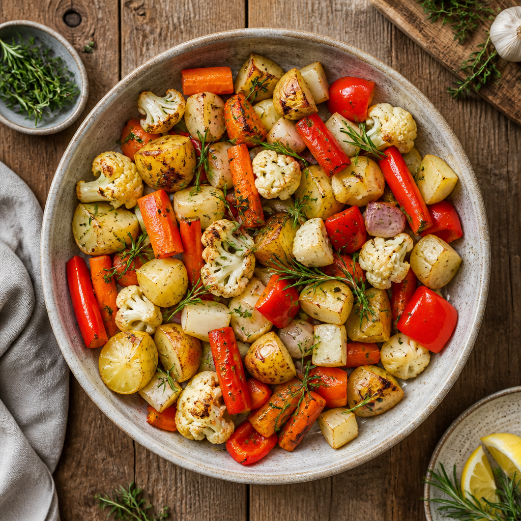 Buntes Ofengemüse mit Kartoffeln, Blumenkohl, Paprika, Karotten und Kohlrabi