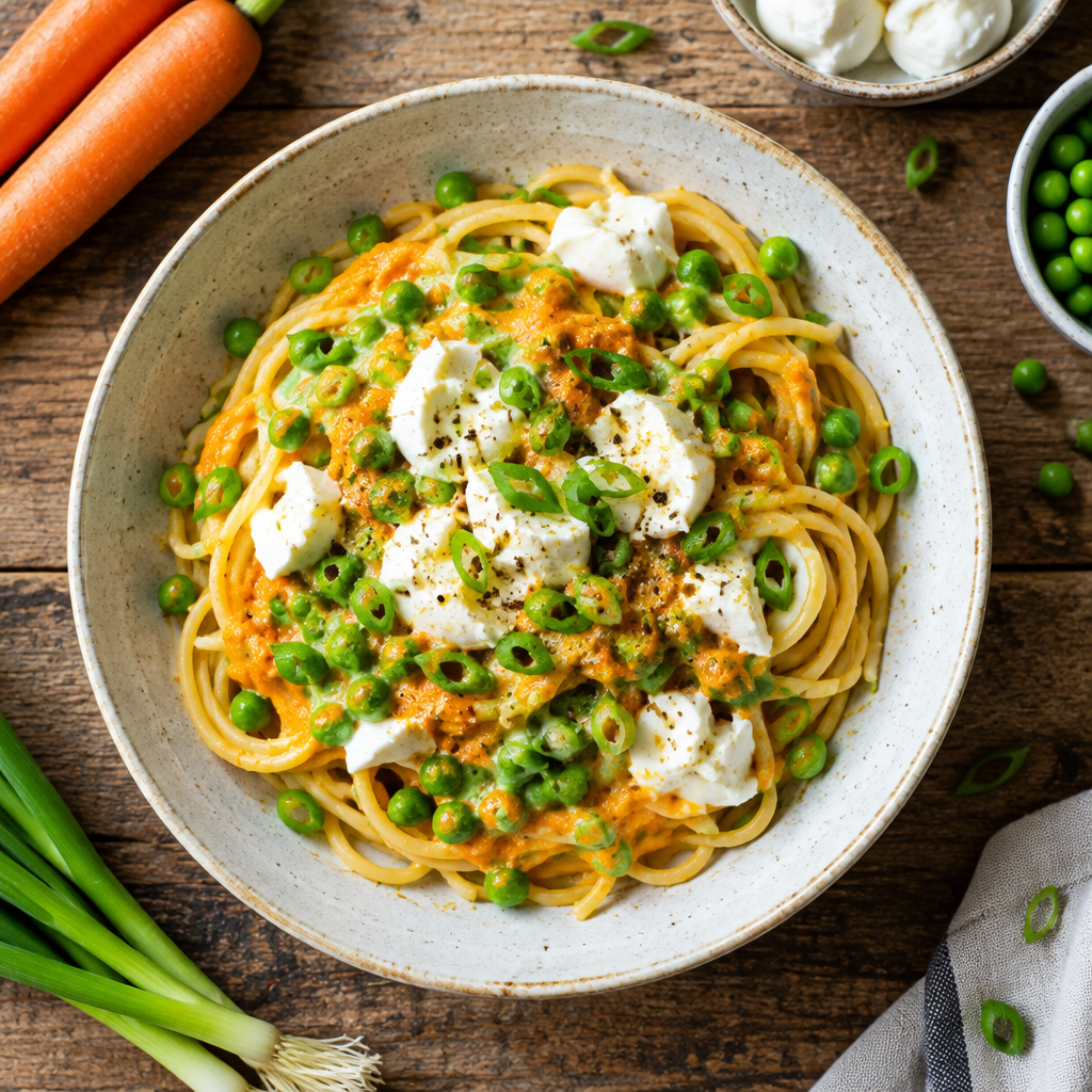 Spaghetti mit Möhren-Erbsen-Creme, Frühlingszwiebeln und Mozzarella