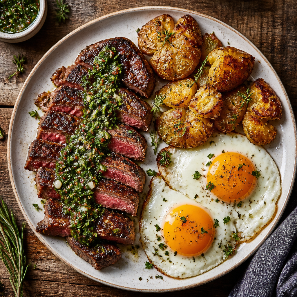 Steak and Eggs, Upgraded: Pan-Seared Strip Steak with Fresh Chimichurri, Sunny-Side-Up Eggs and Crispy Smashed Garlic Potatoes
