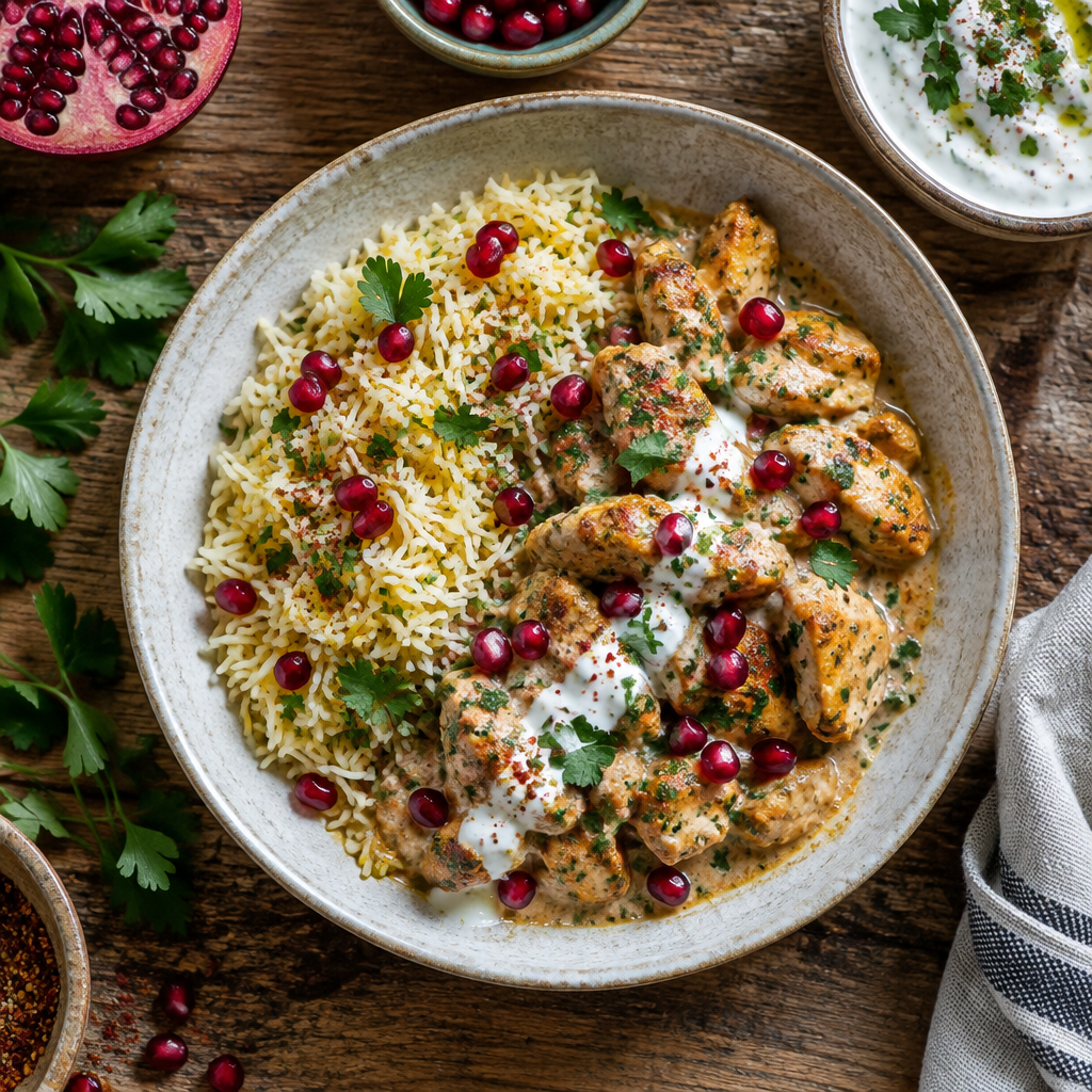 Szaftos, gránátalmás-joghurtos csirkemell fűszeres basmati rizzsel