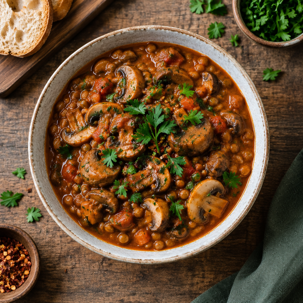Deftiges Pilz-Linsen-Gulasch ohne Zwiebeln und Knoblauch