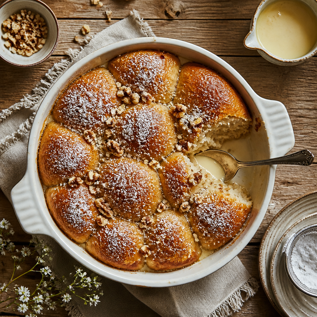 Ungarische Goldknödel (Aranygaluska) mit Vanillesoße und Walnüssen