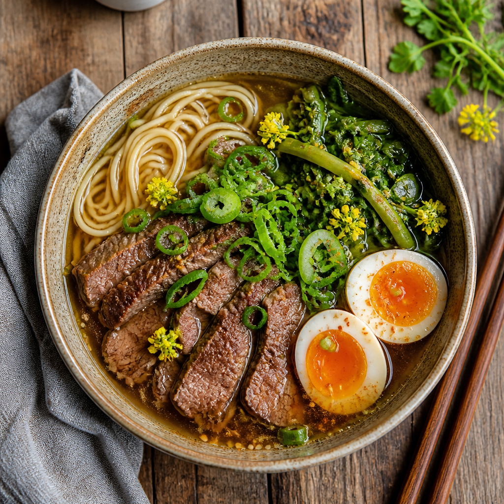 Milde Rindfleisch-Ramen mit Senfkohl