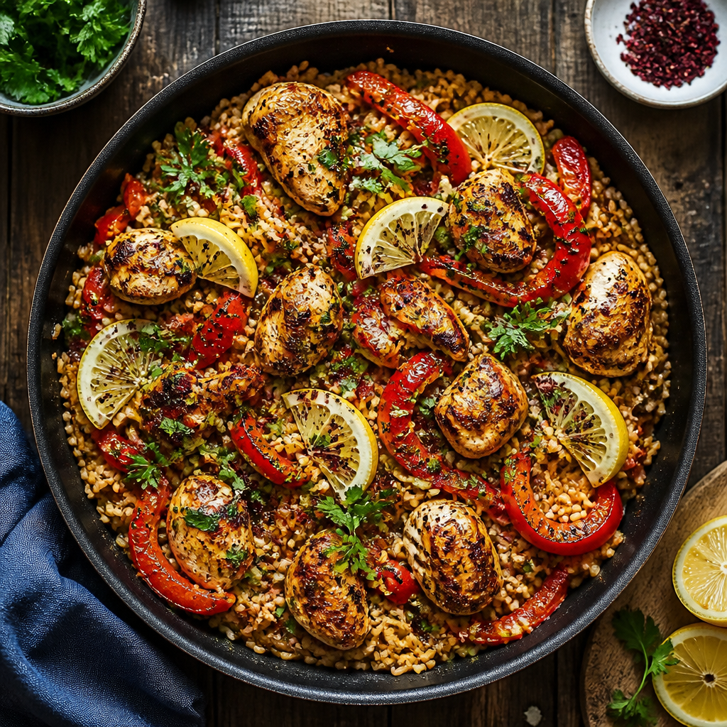 Geröstete Paprika-Hähnchen-Reispfanne mit Zitrone und Sumach