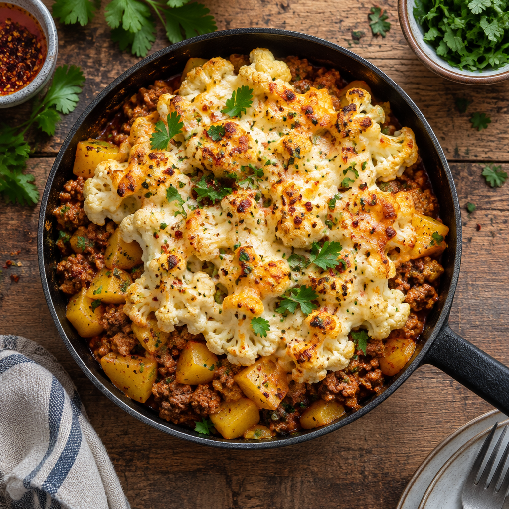 Chiliöl-Hackpfanne mit Kartoffeln und Blumenkohl-Käsehaube