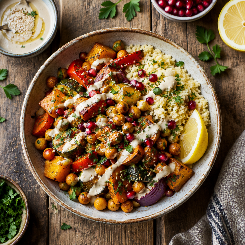 Marokkanisch gewürztes Ofengemüse mit Kichererbsen, Couscous und Zitronen-Tahini