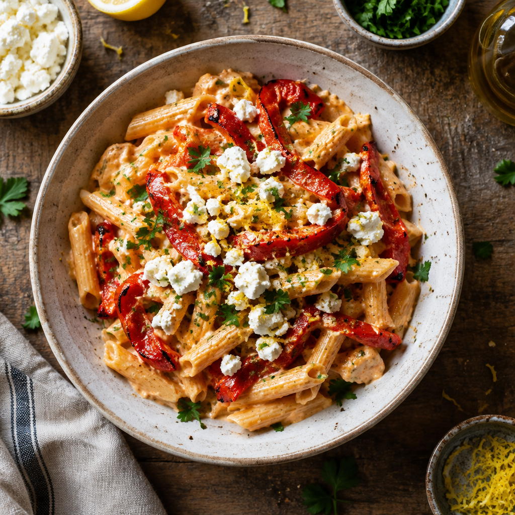 Geröstete Paprika-Nudeln mit Zitronen-Feta-Creme
