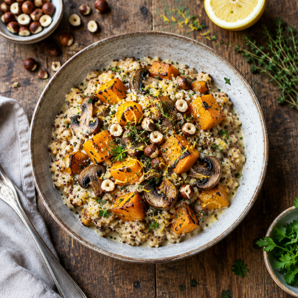 Cremiges Quinoa-Ragout mit Kürbis, Pilzen, Zitrone und gerösteten Haselnüssen