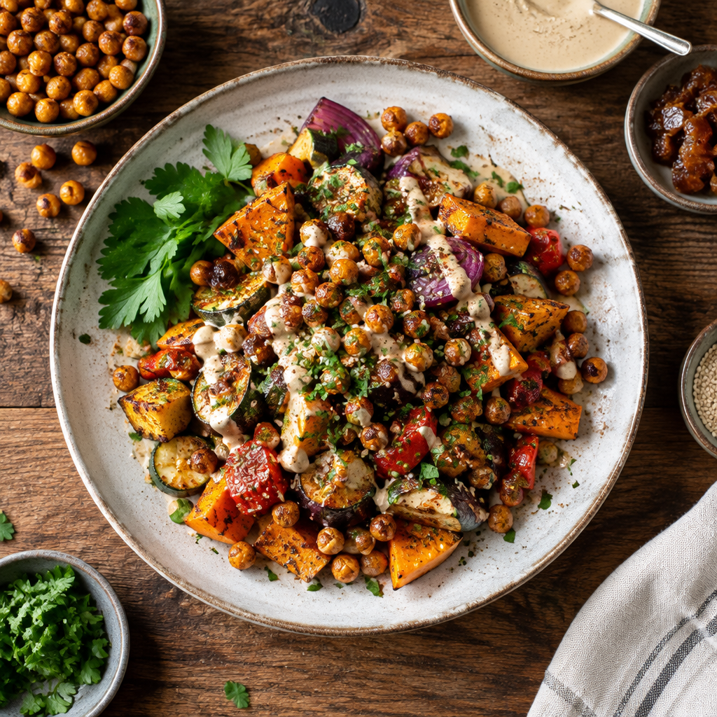Baharat-Blechgemüse mit knusprigen Kichererbsen und Dattel-Tahini