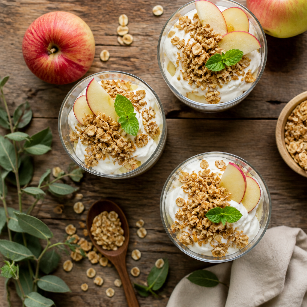 Vanille-Apfel-Dessert im Glas mit gerösteten Haferstreuseln, ohne Backen