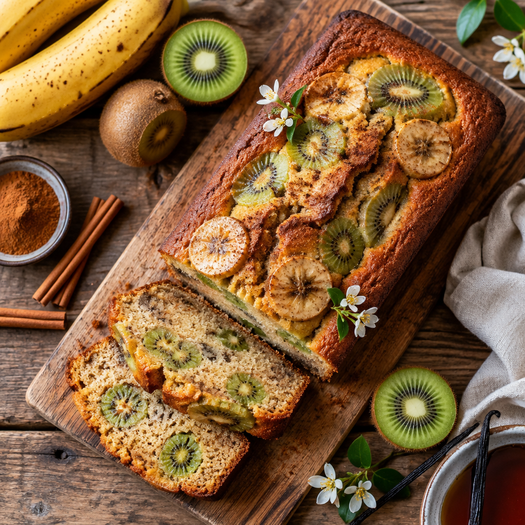 Goldbrauner Kiwi-Bananen-Kuchen mit Zimt und Vanille