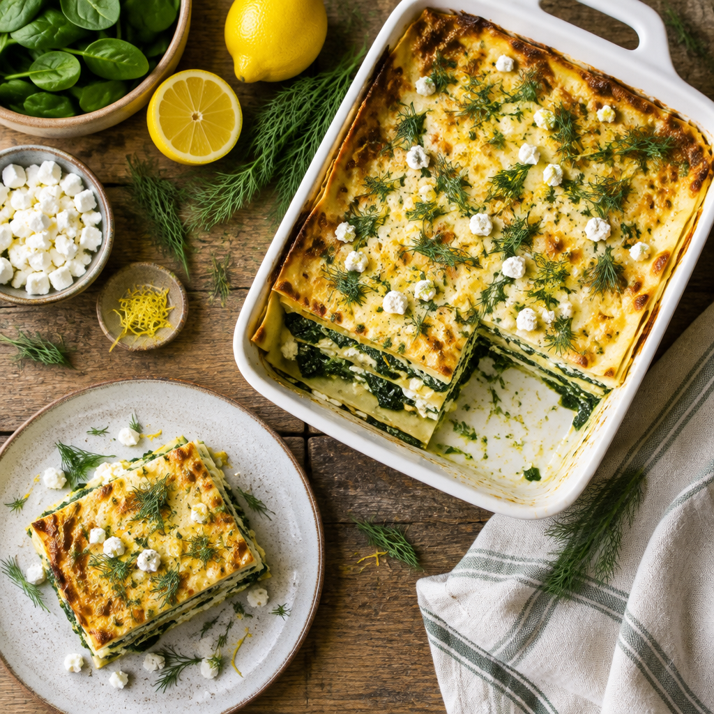 Zitronige Spinatlasagne mit Feta und Dill