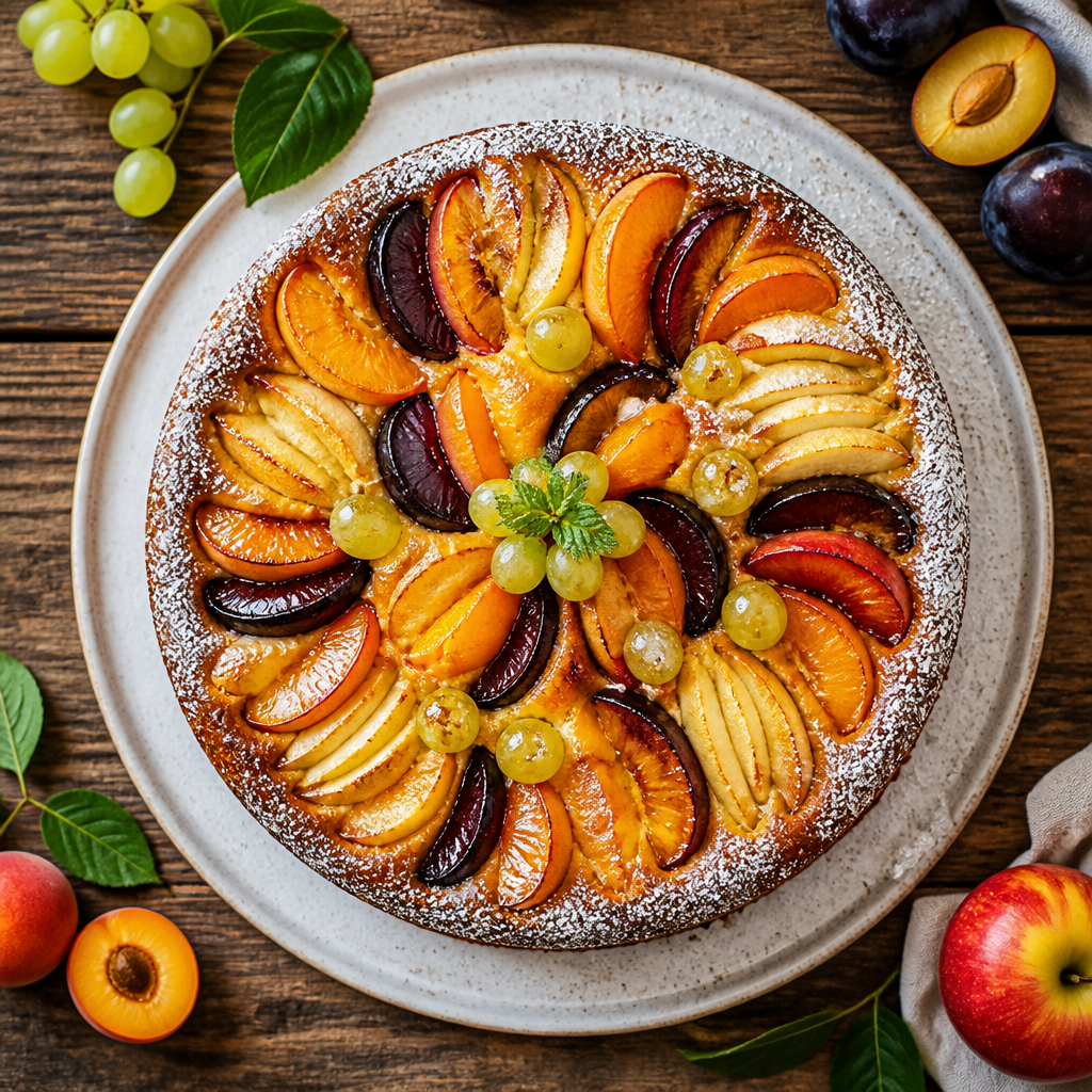 Saftiger Obst-Geburtstagskuchen mit Apfel, Marille, Zwetschge und Weintrauben