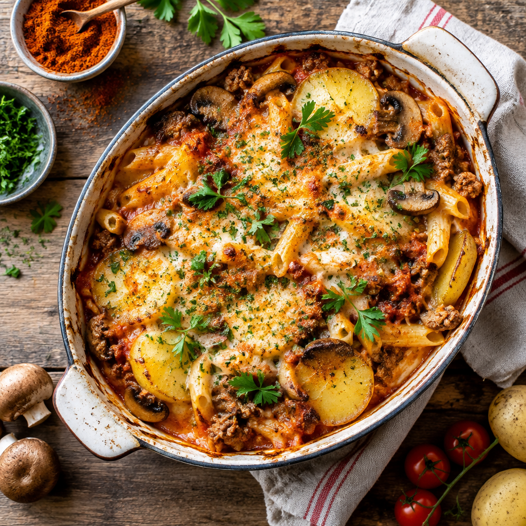 Tomatenpulver-Gratin mit Hack, Champignons, Pasta und Kartoffeln
