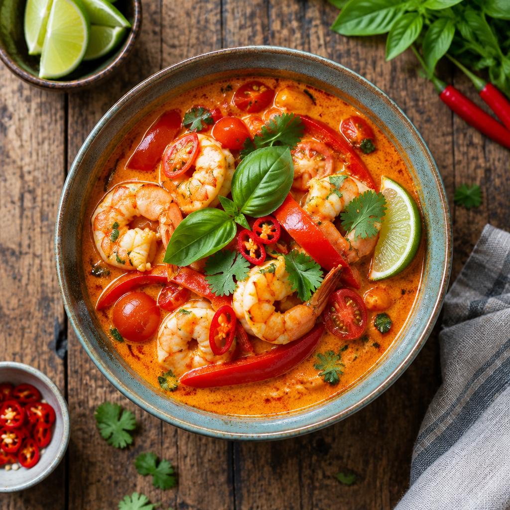 Rotes Thai-Curry mit Garnelen, Tomaten und Paprika