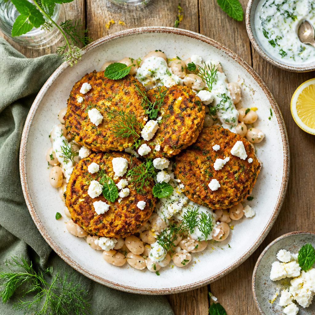 Möhren-Pflanzerl mit Feta, weißen Bohnen und Zitronen-Kräuter-Joghurt