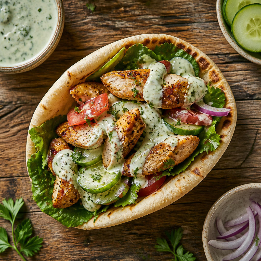 Fűszeres csirkegyros pitában csirkecombból, friss uborkás-joghurtos szósszal