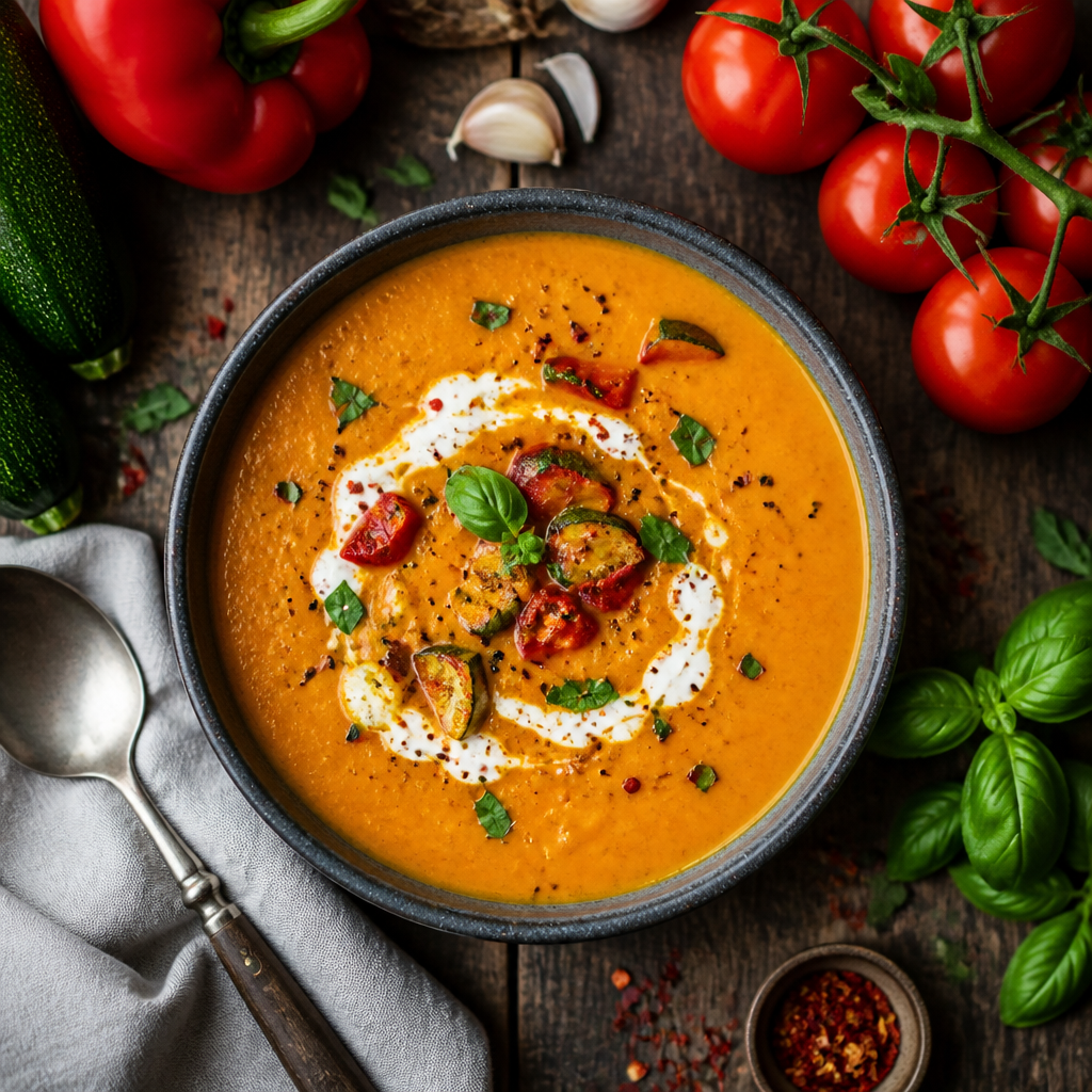 Samtige Paprika-Zucchini-Tomaten-Suppe mit rauchiger Gewürznote aus dem Thermomix