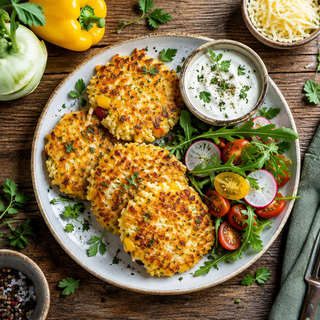 Goldene Paprika-Kohlrabi-Reis-Taler mit Käsekruste