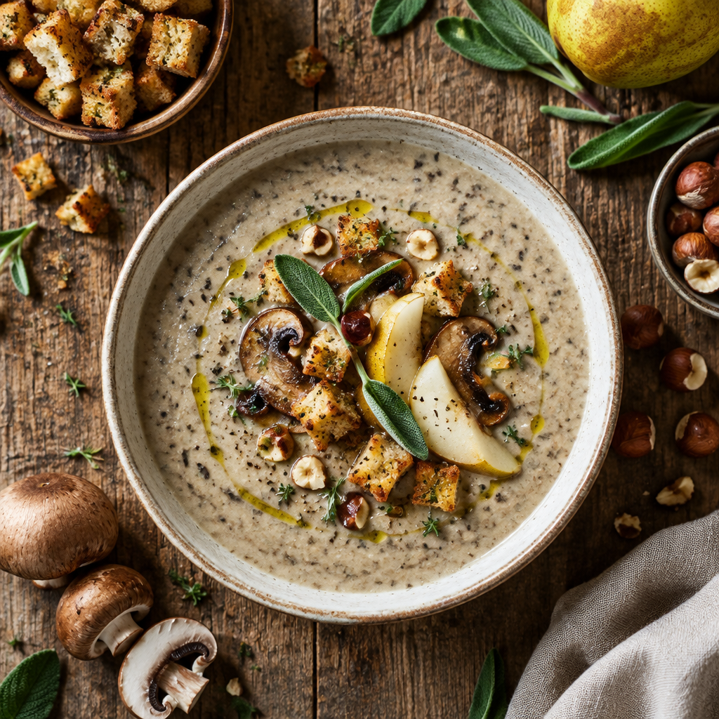 Creamy Mushroom and Chestnut Soup with Pear, Sage, and Hazelnut Croutons