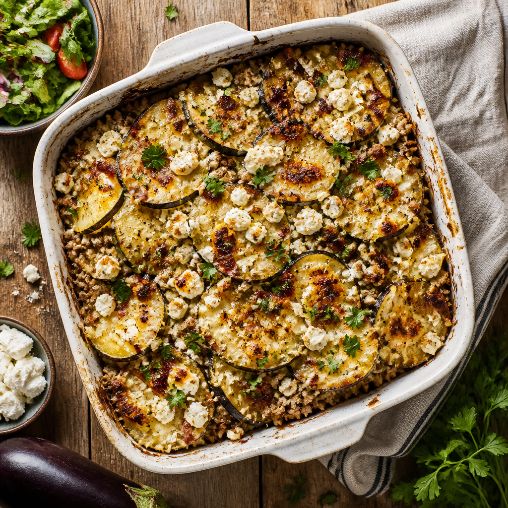 Gratin levantin de pommes de terre, aubergines et viande hachée à la feta