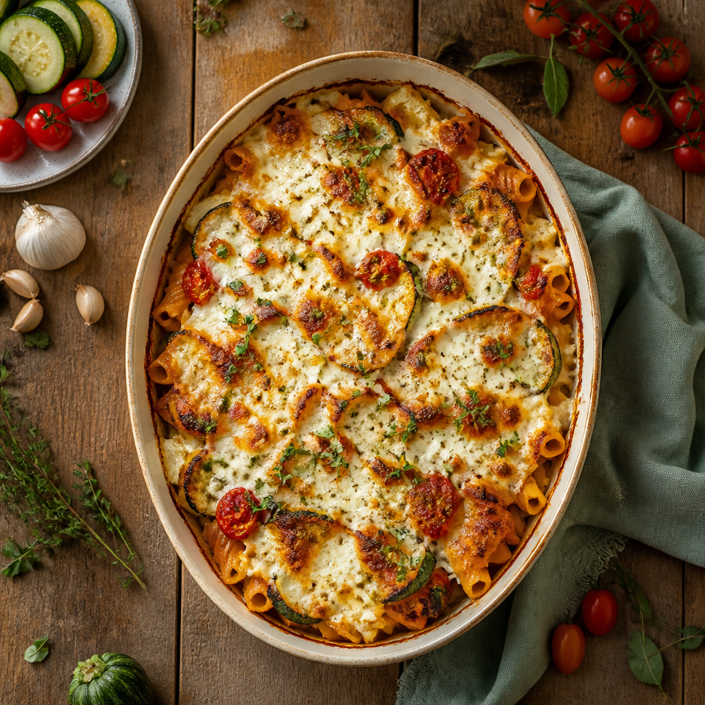 Gerösteter Zucchini-Tomaten-Maccheroni-Auflauf mit Joghurt-Ei-Decke
