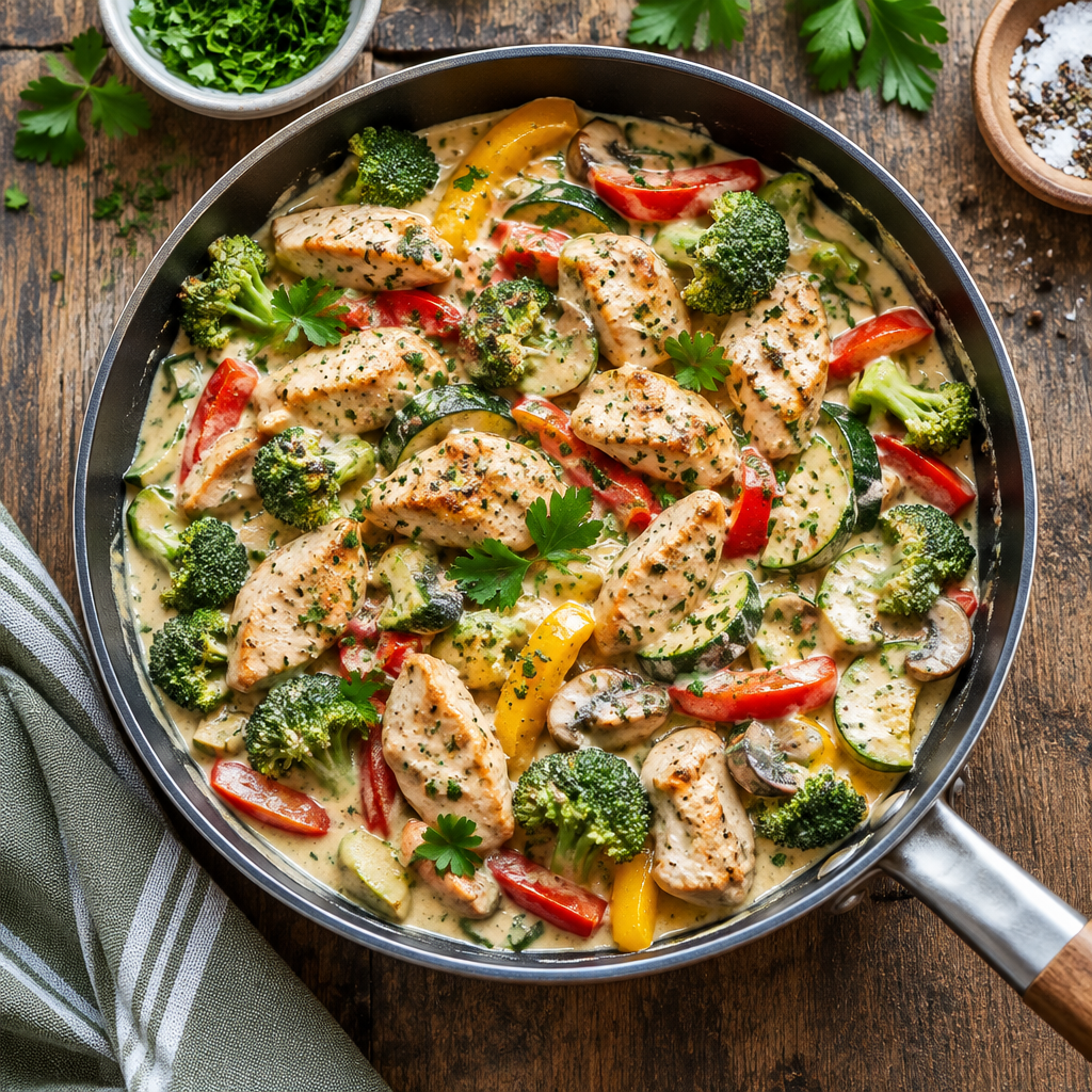 Cremige Hähnchen-Gemüse-Pfanne
