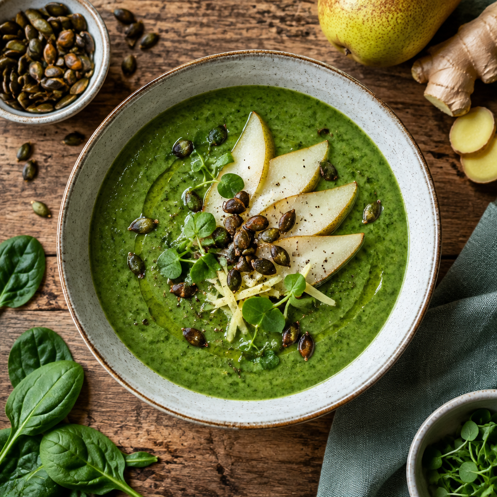Cremige Spinatsuppe mit Birne, Ingwer und knusprigen Kürbiskernen