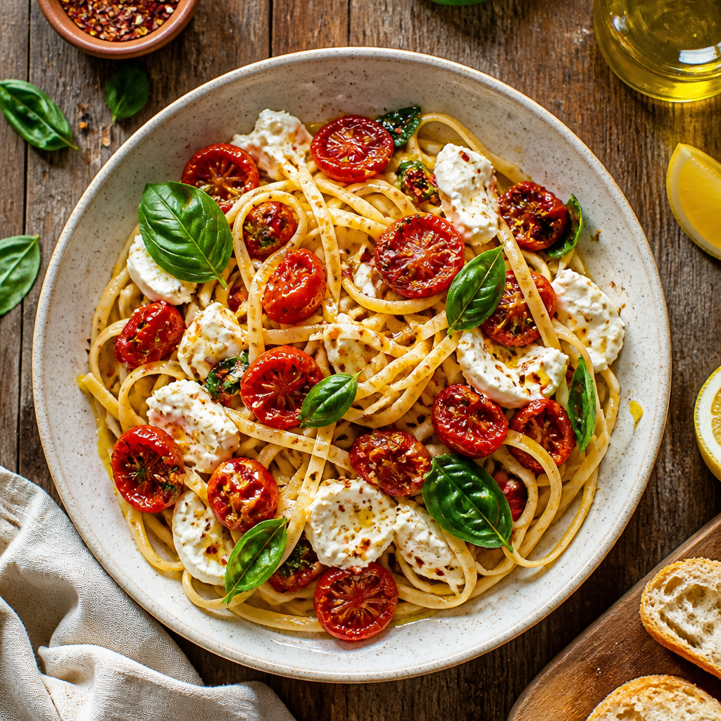 Geröstete Tomaten-Nudeln mit Mozzarella, Basilikum und Zitronen-Chili-Öl
