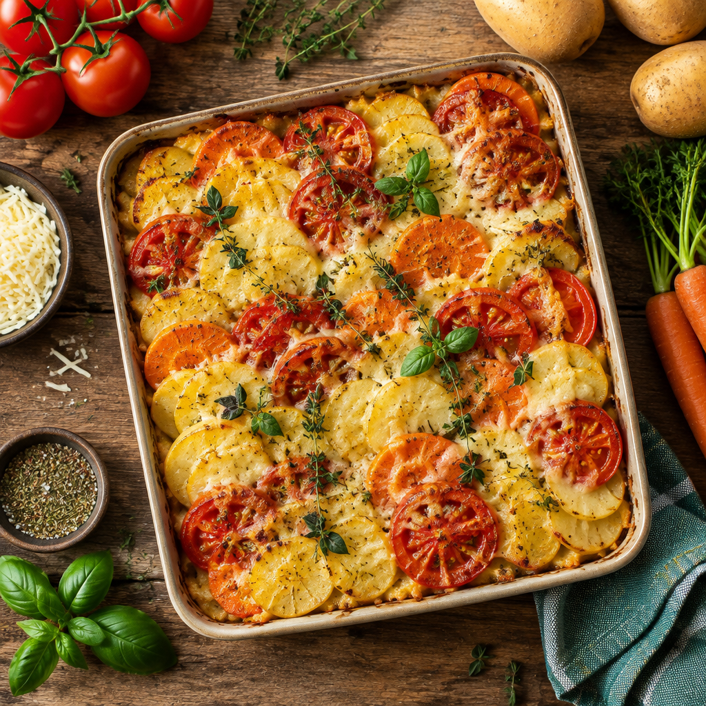 Goldene Gemüse-Mosaikform mit Karotten, Tomaten, Kartoffeln und Emmentaler