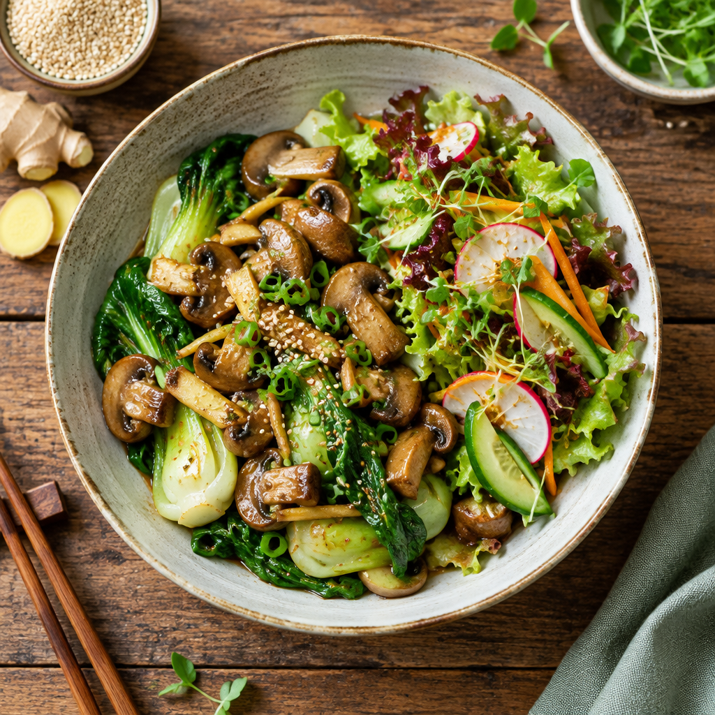 Warme Ingwer-Champignon-Pak-choi-Schale mit knackigem Gartensalat