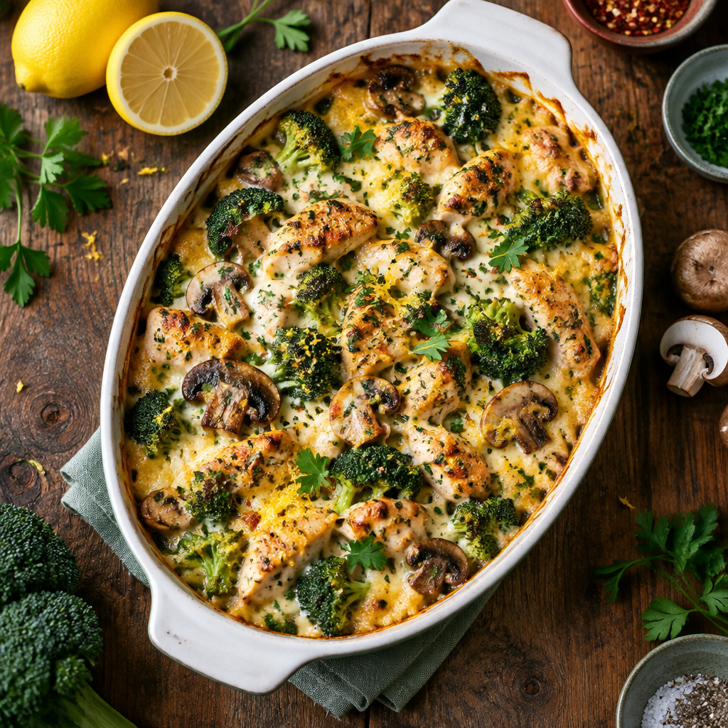Zitronig-würziger Hähnchen-Brokkoli-Pilz-Gratin