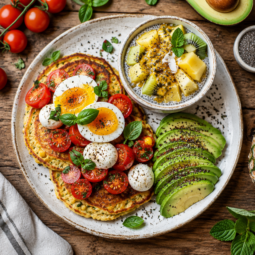 Mais-Hafer-Pfannkuchen mit Tomaten-Mozzarella-Ei, Avocado und tropischem Chia-Obst