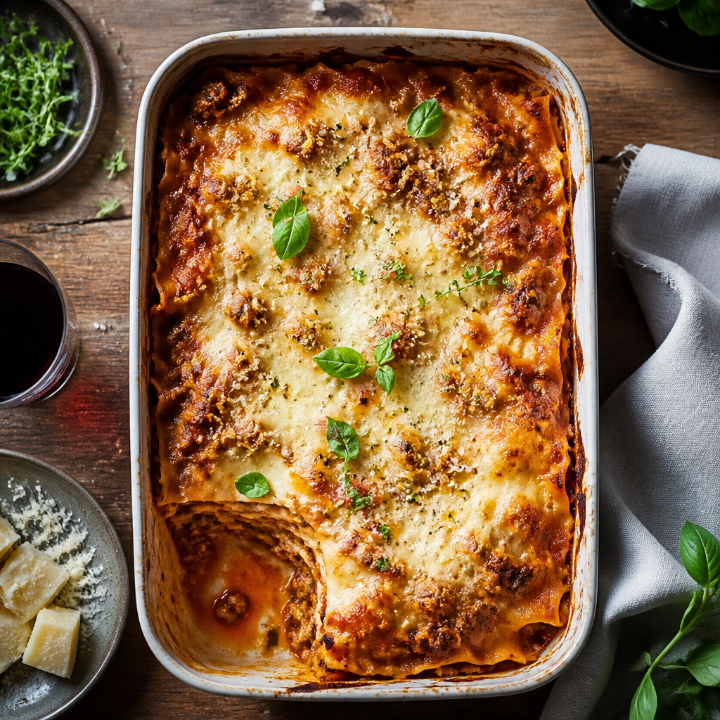 Classic Italian Lasagna al Forno with Slow-Simmered Beef RagΓΉ, Red Wine, BΓ©chamel, Parmesan and Mozzarella