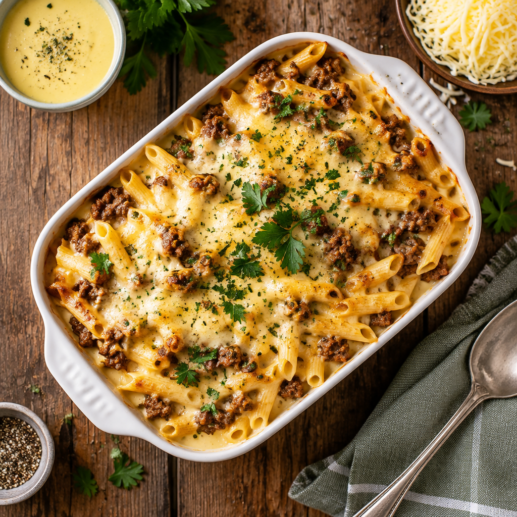 Überbackene Nudeln mit Hackfleisch, Hollandaise und Gouda