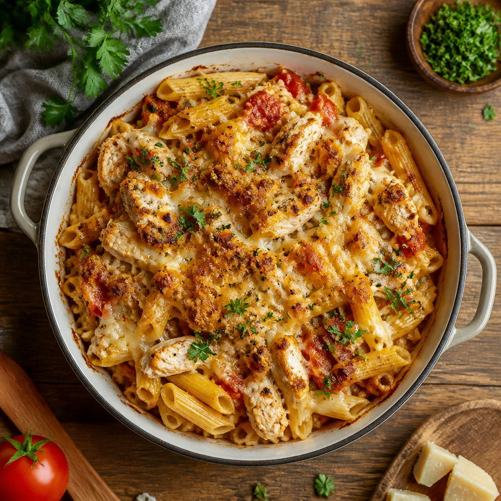 Gratin croustillant de poulet, riz, pâtes et tomate au fromage à la friteuse à air