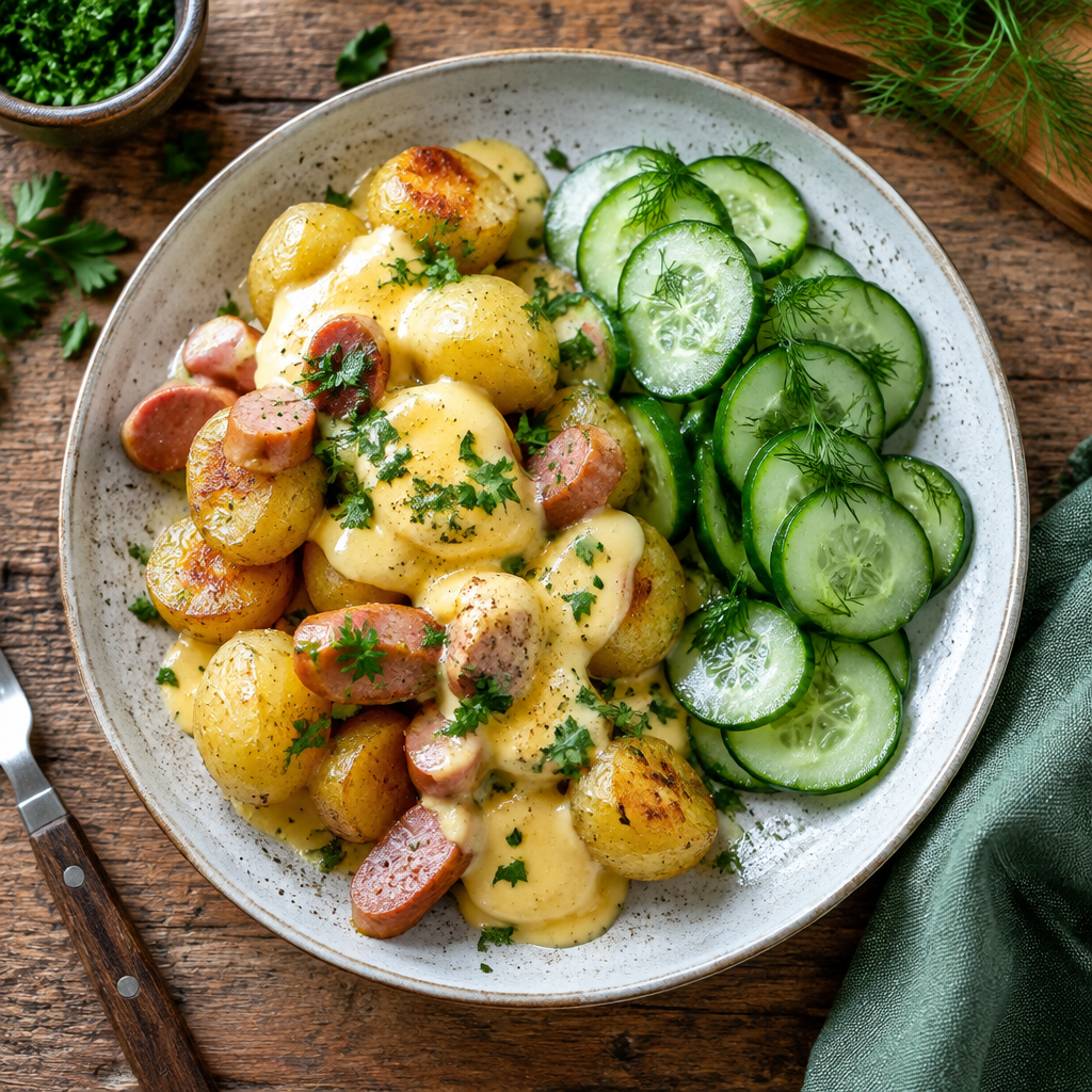 Wiener Kartoffeln mit Schmelzkäse und Gurke